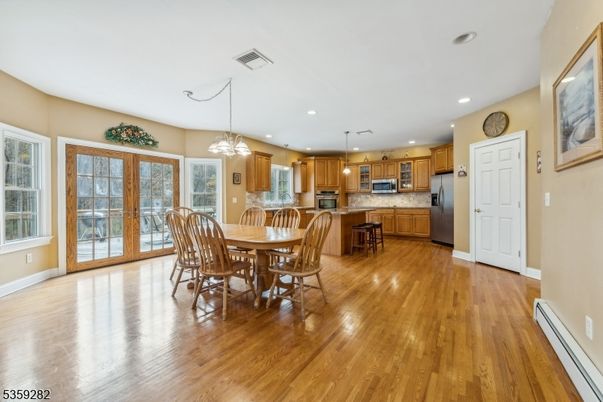 Chandelier, Dining room, Interior, Kitchen, Pendant Lights, Recessed Lighting, Wood Texture Flooring