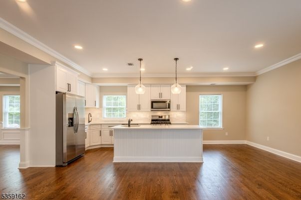 Interior, Kitchen, Pendant Lights, Recessed Lighting, Stainless Steel Appliances, Wood Texture Flooring