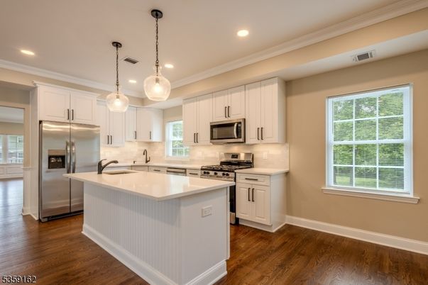 Interior, Kitchen, Pendant Lights, Recessed Lighting, Stainless Steel Appliances, Wood Texture Flooring
