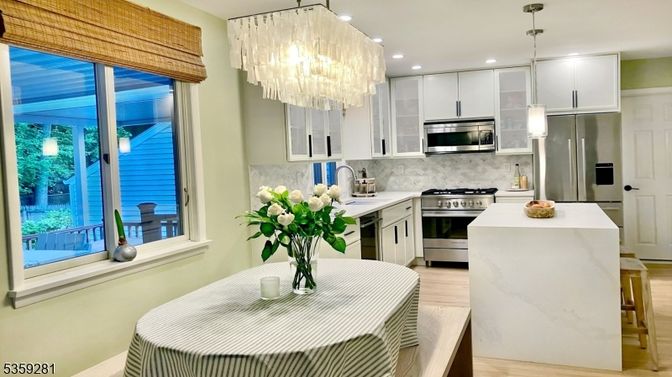 Chandelier, Interior, Kitchen, Recessed Lighting, Stainless Steel Appliances, Wood Texture Flooring