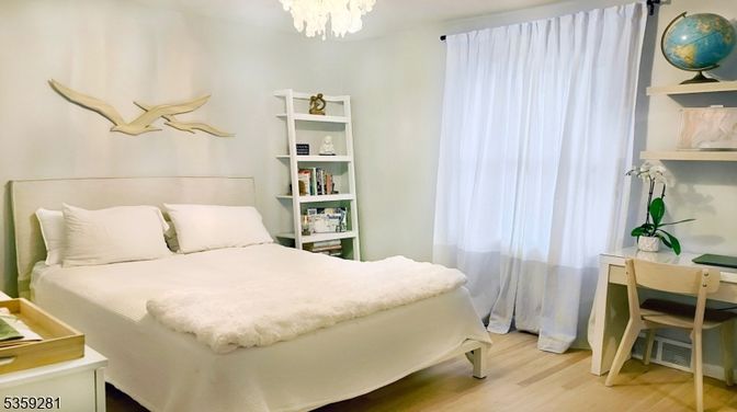 Bedroom, Chandelier, Interior, Wood Texture Flooring
