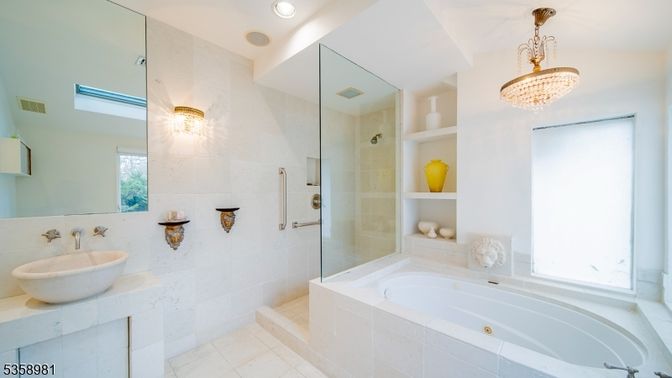 Bathroom, Chandelier, Glass Shower, Interior, Recessed Lighting