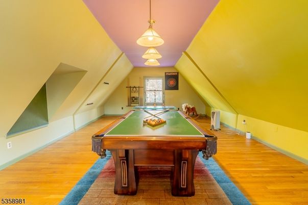 Billiard Table, Game Room, Interior, Pendant Lights, Wood Texture Flooring