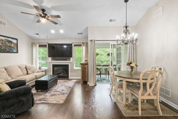 Chandelier, Dining room, Fireplace, Interior, Living room, Wood Texture Flooring
