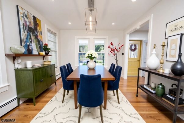 Dining room, Interior, Pendant Lights, Recessed Lighting, Wood Texture Flooring