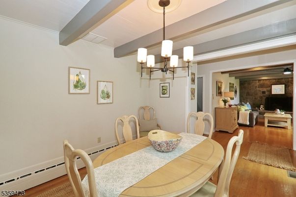 Chandelier, Dining room, Interior, Living room, Stone Walls, Wood Texture Flooring
