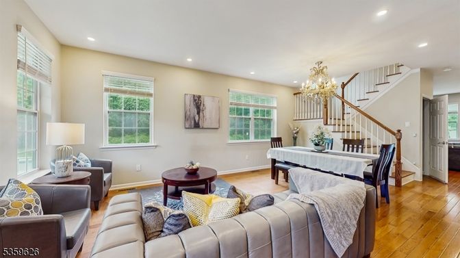 Chandelier, Dining room, Interior, Living room, Recessed Lighting, Wood Texture Flooring