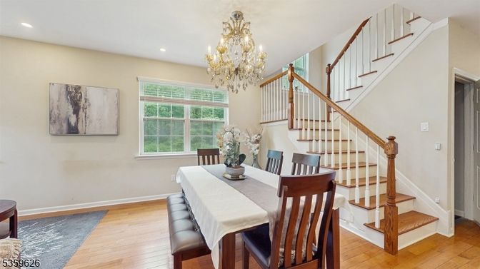 Chandelier, Dining room, Interior, Recessed Lighting, Wood Texture Flooring