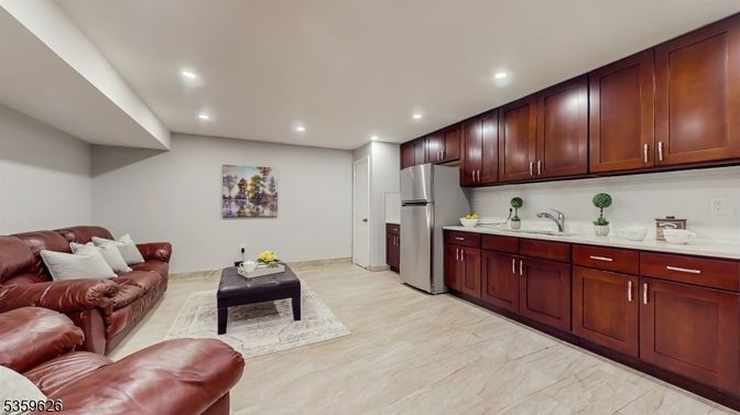 Interior, Kitchen, Living room, Marble, Recessed Lighting, Wood Texture Flooring