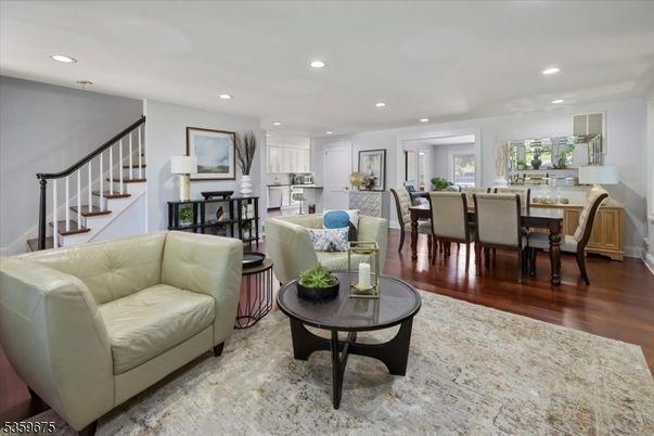 Dining room, Interior, Kitchen, Living room, Recessed Lighting, Stainless Steel Appliances, Wood Texture Flooring