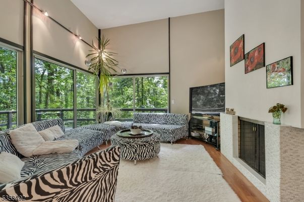 Fireplace, Interior, Living room, Sun Room, Wood Texture Flooring