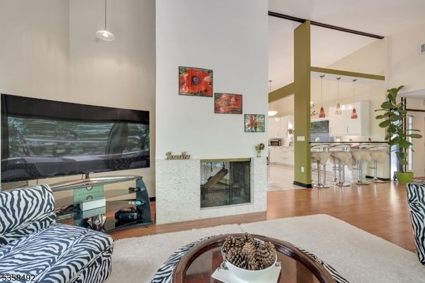 Fireplace, Interior, Kitchen, Pendant Lights, Wood Texture Flooring