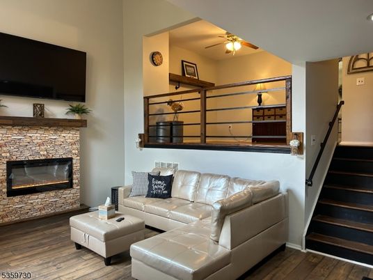 Fireplace, Interior, Living room, Recessed Lighting, Wood Texture Flooring