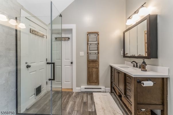 Bathroom, Glass Shower, Interior, Wood Texture Flooring