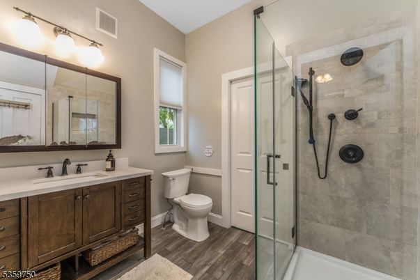 Bathroom, Glass Shower, Interior, Wood Texture Flooring