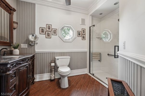Bathroom, Glass Shower, Interior, Recessed Lighting, Wood Texture Flooring