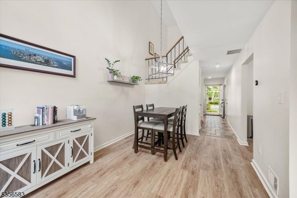 Dining room, Interior, Pendant Lights, Recessed Lighting, Wood Texture Flooring
