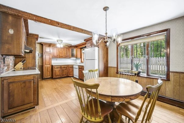 Dining room, Interior, Kitchen, Pendant Lights, Wood Texture Flooring