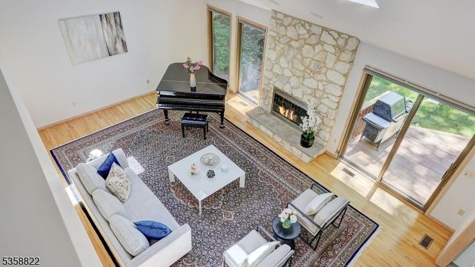 Fireplace, Interior, Living room, Piano, Stone Walls, Wood Texture Flooring