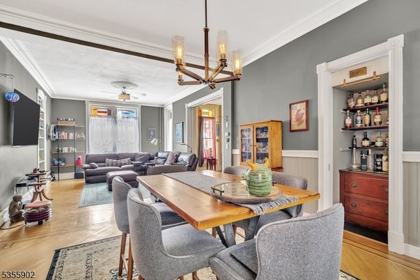 Dining room, Interior, Living room, Pendant Lights, Wood Texture Flooring