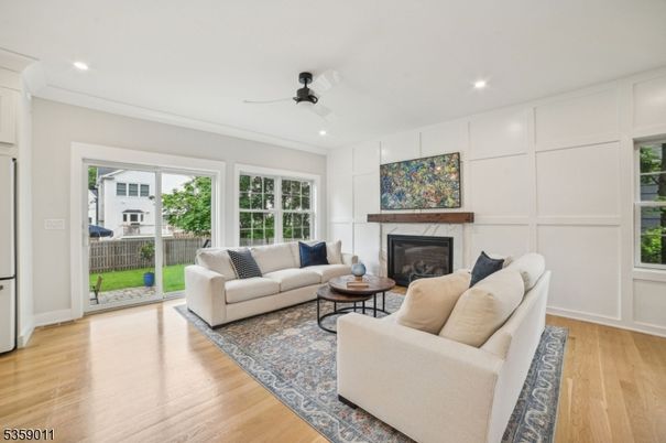 Fireplace, Interior, Living room, Recessed Lighting, Wood Texture Flooring