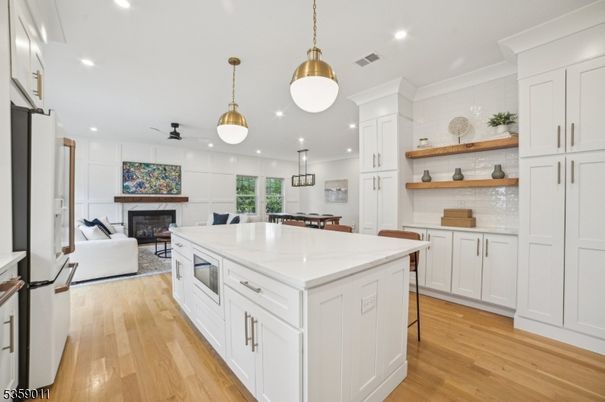 Fireplace, Interior, Kitchen, Living room, Pendant Lights, Recessed Lighting, Wood Texture Flooring