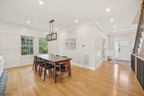 Dining room, Interior, Pendant Lights, Recessed Lighting, Wood Texture Flooring