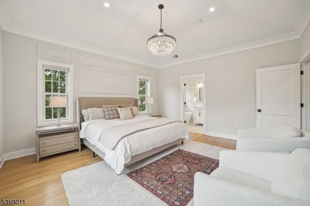 Bedroom, Chandelier, Interior, Recessed Lighting, Wood Texture Flooring