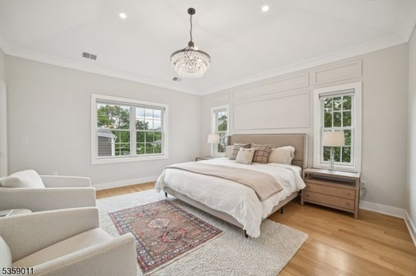 Bedroom, Chandelier, Interior, Recessed Lighting, Wood Texture Flooring
