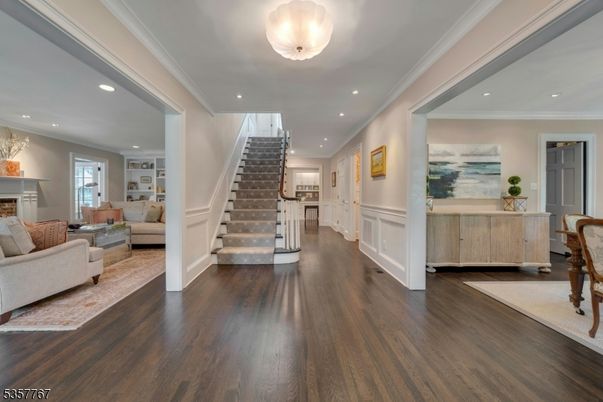 Fireplace, Interior, Living room, Recessed Lighting, Wood Texture Flooring
