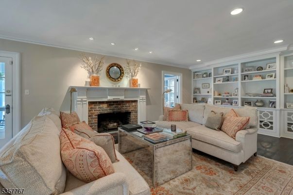 Fireplace, Interior, Living room, Recessed Lighting, Wood Texture Flooring