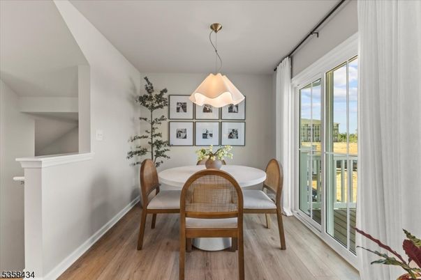 Dining room, Interior, Pendant Lights, Wood Texture Flooring