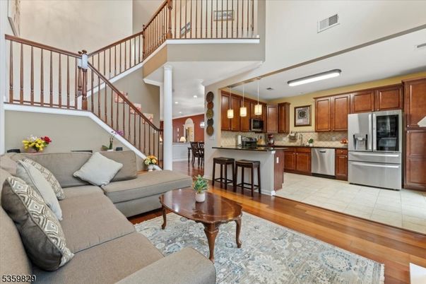 Interior, Kitchen, Living room, Pendant Lights, Recessed Lighting, Stainless Steel Appliances, Wood Texture Flooring