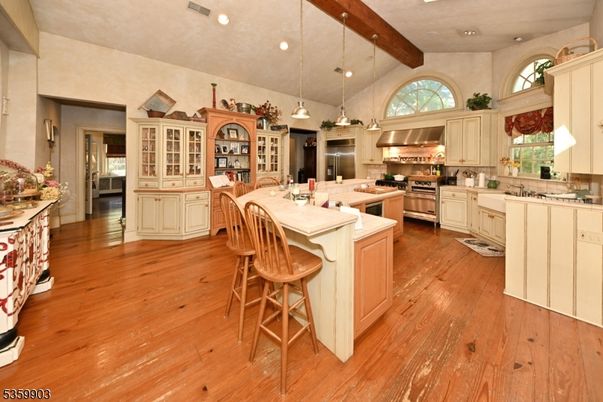 Interior, Kitchen, Pendant Lights, Recessed Lighting, Stainless Steel Appliances, Wooden Beams, Wood Texture Flooring