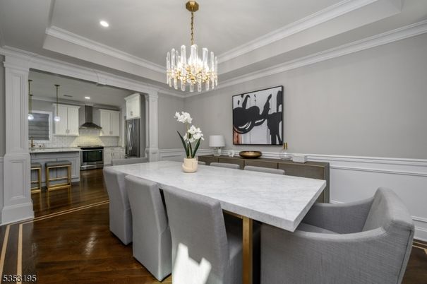 Chandelier, Interior, Kitchen, Pendant Lights, Recessed Lighting, Stainless Steel Appliances, Wood Texture Flooring