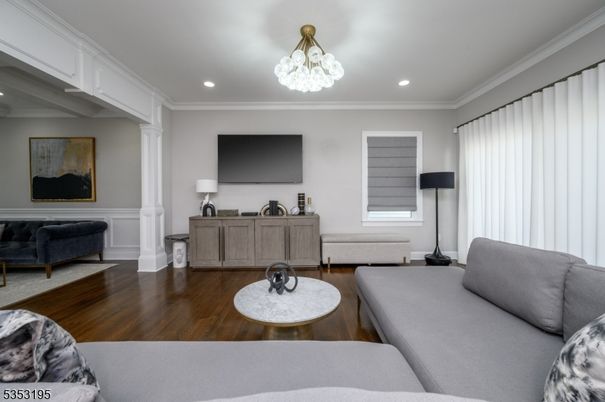Chandelier, Interior, Living room, Recessed Lighting, Wood Texture Flooring