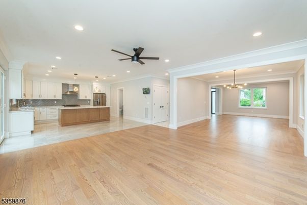 Empty room, Interior, Kitchen, Pendant Lights, Recessed Lighting, Wood Texture Flooring