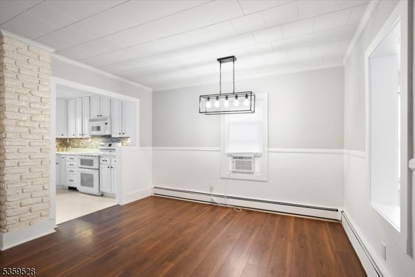 Empty room, Interior, Kitchen, Pendant Lights, Stone Walls, Wood Texture Flooring