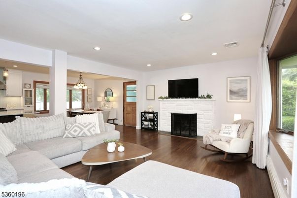 Fireplace, Interior, Kitchen, Living room, Pendant Lights, Recessed Lighting, Wood Texture Flooring