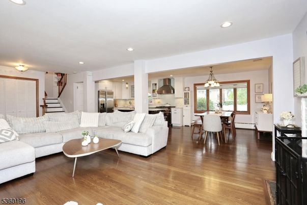 Dining room, Interior, Kitchen, Living room, Pendant Lights, Recessed Lighting, Stainless Steel Appliances, Wood Texture Flooring