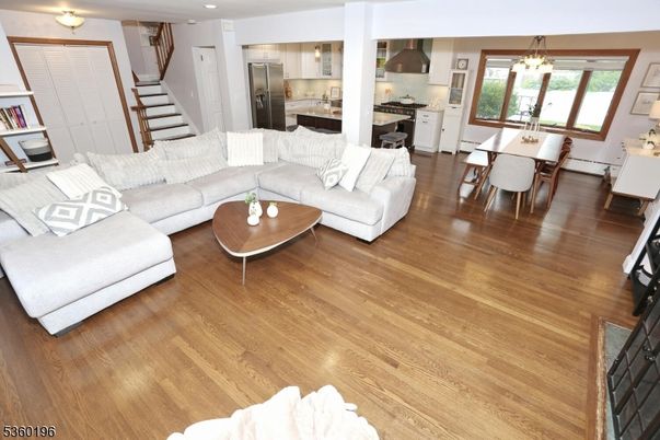 Dining room, Interior, Kitchen, Living room, Pendant Lights, Recessed Lighting, Stainless Steel Appliances, Wood Texture Flooring