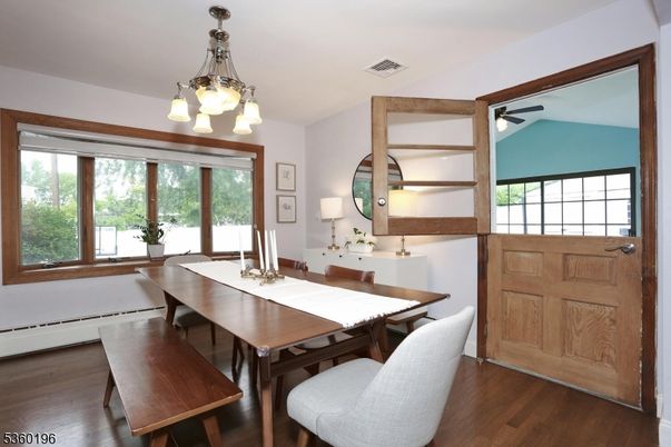 Dining room, Interior, Pendant Lights, Wood Texture Flooring