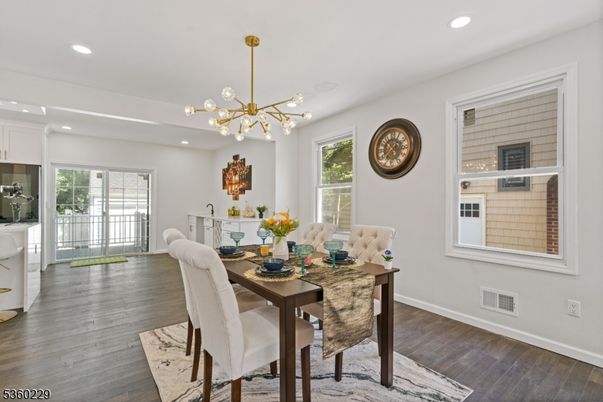 Dining room, Interior, Pendant Lights, Recessed Lighting, Wood Texture Flooring