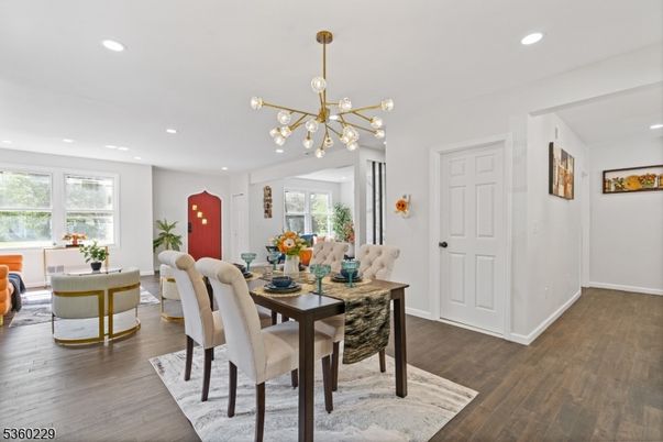 Dining room, Interior, Pendant Lights, Recessed Lighting, Wood Texture Flooring