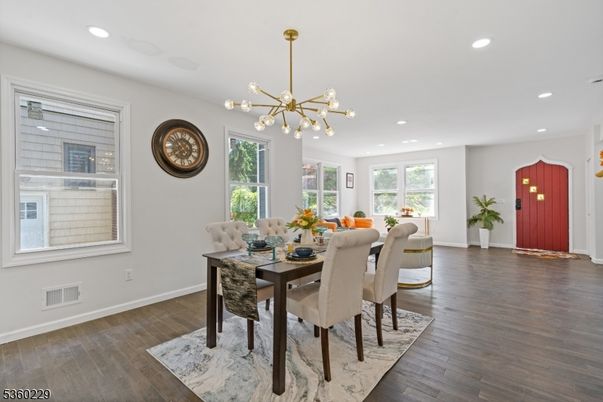 Dining room, Interior, Pendant Lights, Recessed Lighting, Wood Texture Flooring
