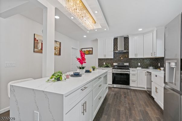 Chandelier, Interior, Kitchen, Recessed Lighting, Stainless Steel Appliances, Wood Texture Flooring