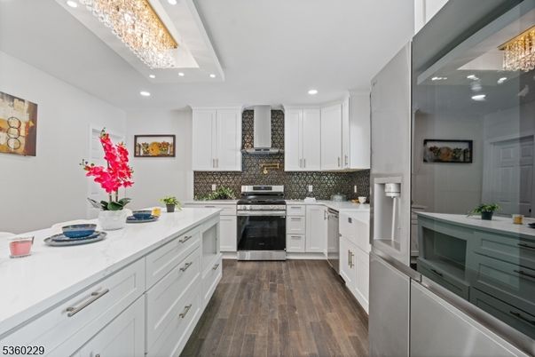 Chandelier, Interior, Kitchen, Recessed Lighting, Stainless Steel Appliances, Wood Texture Flooring