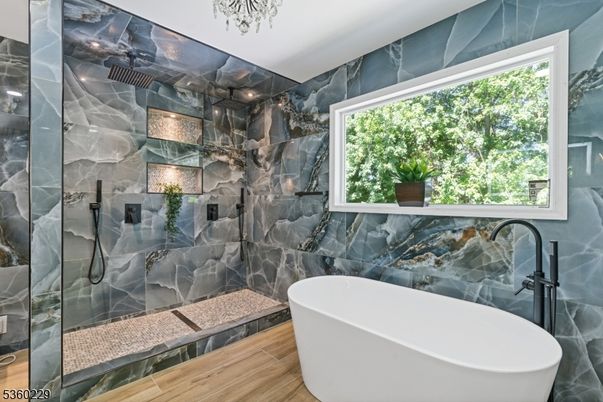 Bathroom, Free Standing Baths, Glass Shower, Interior, Marble Walls, Wood Texture Flooring