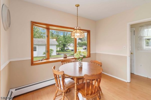 Dining room, Interior, Pendant Lights, Wood Texture Flooring
