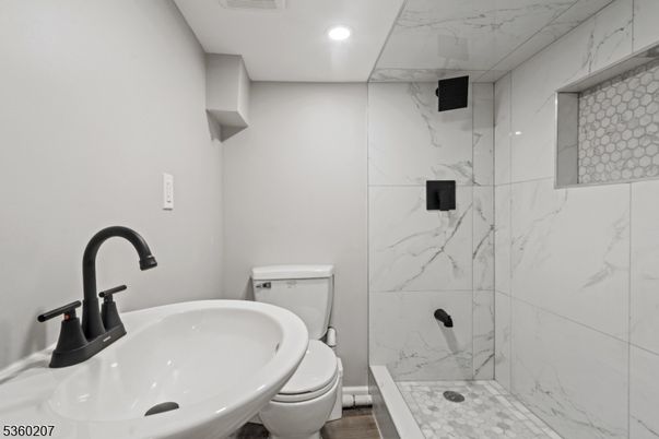 Bathroom, Glass Shower, Interior, Marble Walls, Recessed Lighting